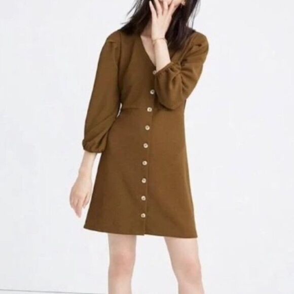 Madewell Texture & Thread Women's Asparagus Crepe Balloon-Sleeve Dress Button M - Picture 1 of 9